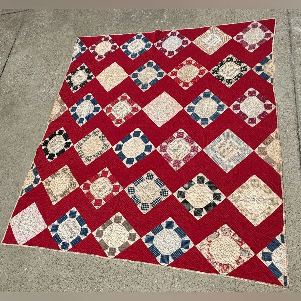 Antique 1880-1910, Reversible Quilt, Churn Dash & Tumbling Blocks. 74x78”. TVR